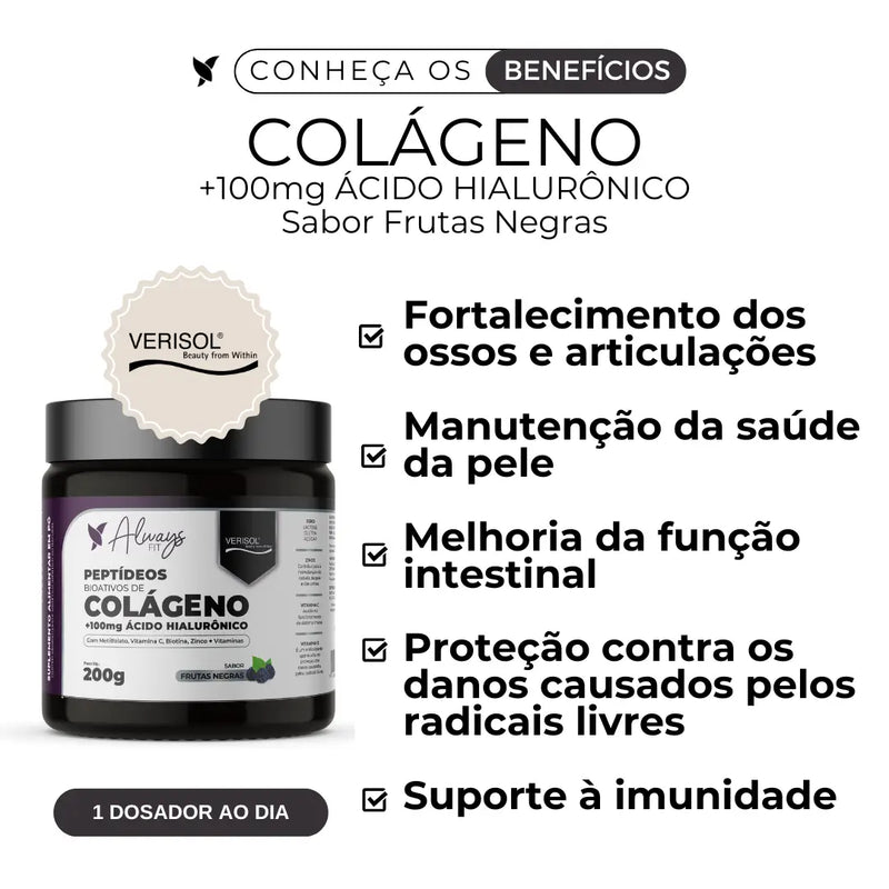 Colágeno Verisol Peptídeos Bioativos, 100mg Ácido Hialurônico, Metilfolato, Fibras + Vitaminas e Minerais