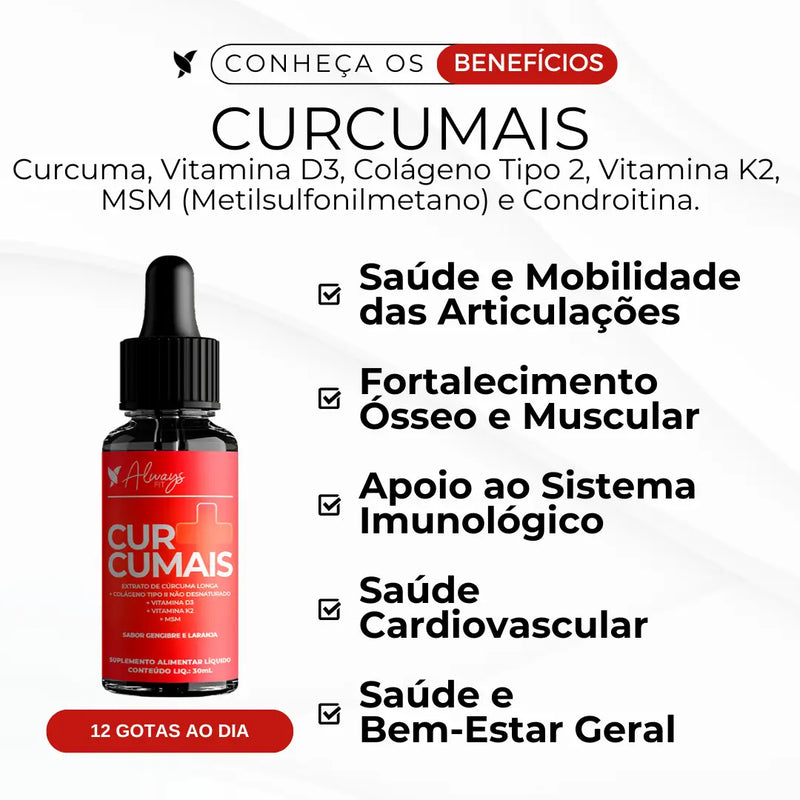 Curcumais - Dor muscular e articular (Cúrcuma, Vitamina D3, K2, MSM, Colágeno Tipo 2 e Condroitina)