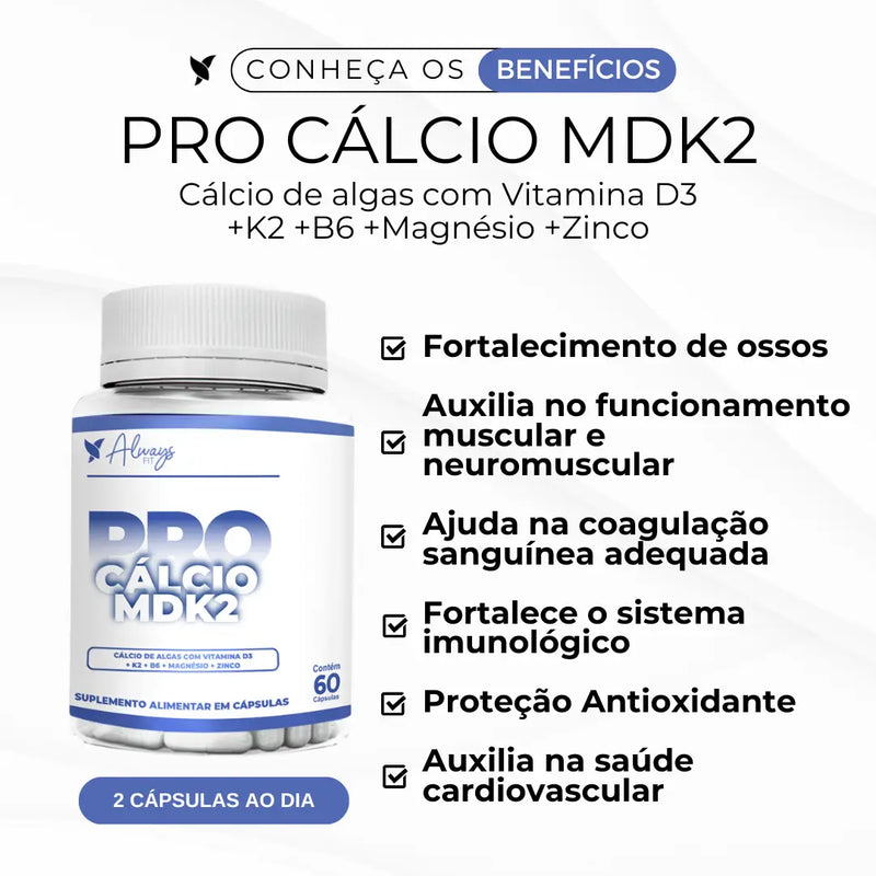 Pro Cálcio MDK2 - Cálcio de Algas, Vitamina D3, Vitamina K2 MK-7, Magnésio, Vitamina B6 e Zinco