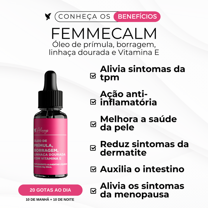 FemmeCalm - Alívio da Menopausa (Óleos de Prímula, Borragem, Linhaça e Vitamina E)