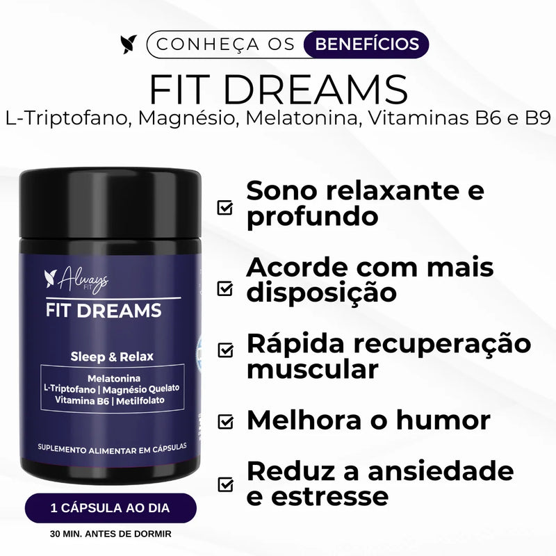 FitDreams® - Sleep e Relax - Melatonina, Magnésio, L-Triptofano, B6 e B9 (MetilFolato) - 30 Cápsulas