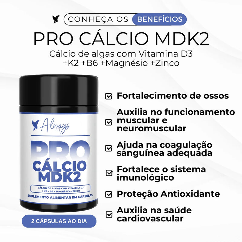 Pro Cálcio MDK2 - Cálcio de Algas, Vitamina D3, Vitamina K2 MK-7, Magnésio, Vitamina B6 e Zinco - 60 Cápsulas