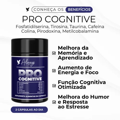 Pro Cognitive - Nootrópico, Foco e Memória. Fosfatidilserina, Tirosina, Taurina, Cafeína, Colina, Piridoxina e Metilcobalamina - 60 Cápsulas