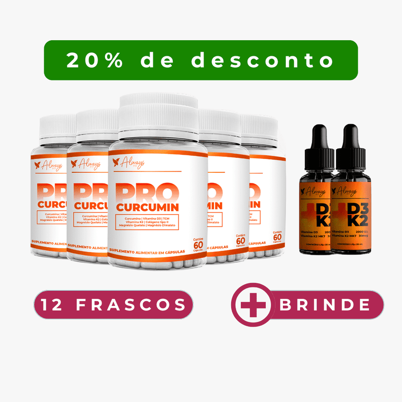 ProCurcumin - Dor Muscular e Articular Curcumina, Vitamina D3, K2, Magnésio, Colágeno Tipo 2 e TCM