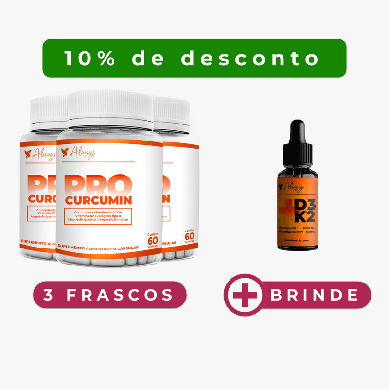 ProCurcumin - Dor Muscular e Articular Curcumina, Vitamina D3, K2, Magnésio, Colágeno Tipo 2 e TCM