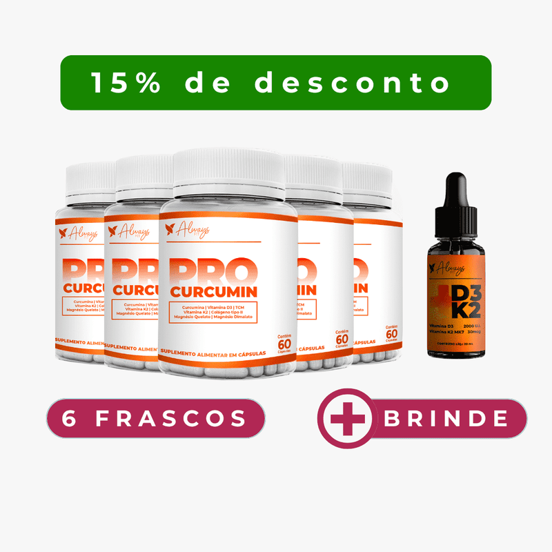 ProCurcumin - Dor Muscular e Articular Curcumina, Vitamina D3, K2, Magnésio, Colágeno Tipo 2 e TCM