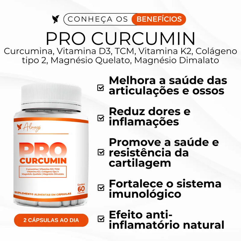 ProCurcumin - Dor Muscular e Articular Curcumina, Vitamina D3, K2, Magnésio, Colágeno Tipo 2 e TCM