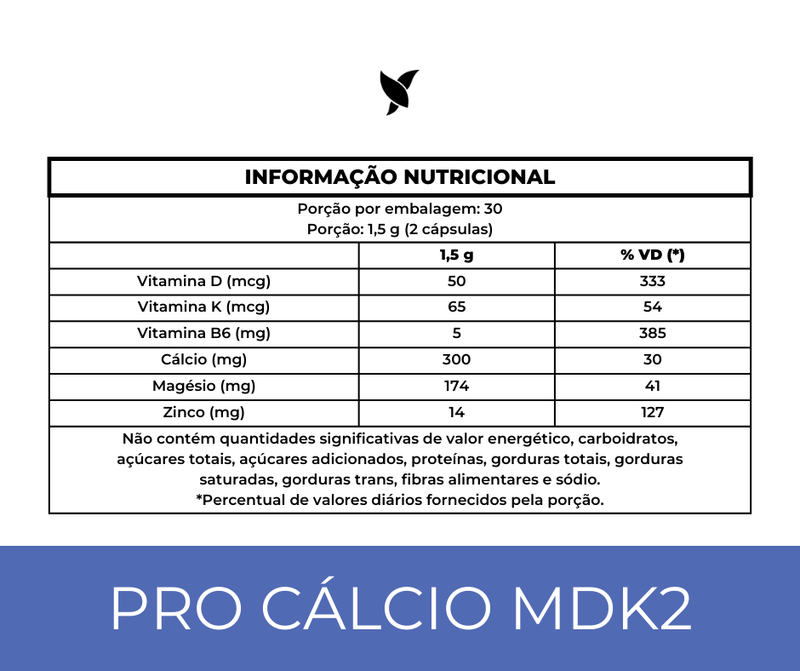 Pro Cálcio MDK2 - Cálcio de Algas, Vitamina D3, Vitamina K2 MK-7, Magnésio, Vitamina B6 e Zinco - 60 Cápsulas