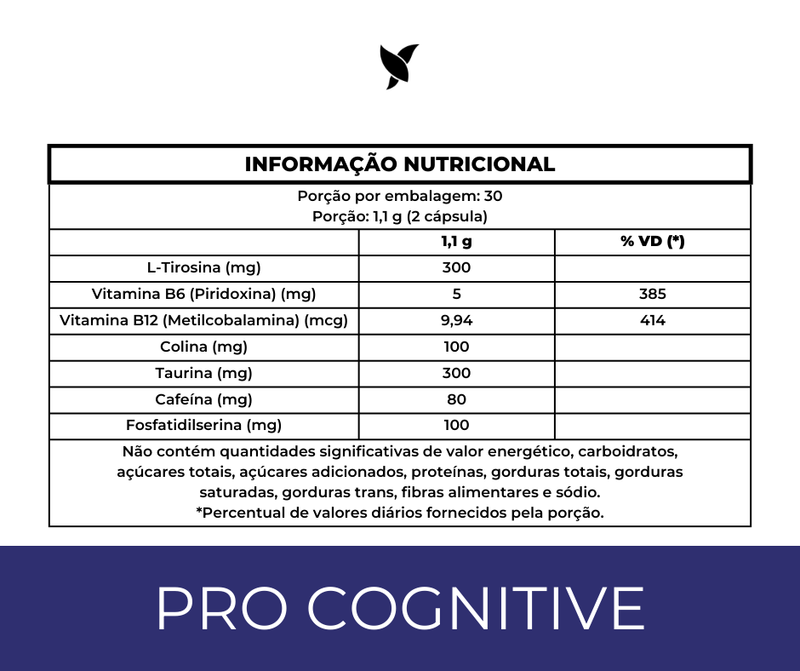 Pro Cognitive - Nootrópico, Foco e Memória. Fosfatidilserina, Tirosina, Taurina, Cafeína, Colina, Piridoxina e Metilcobalamina