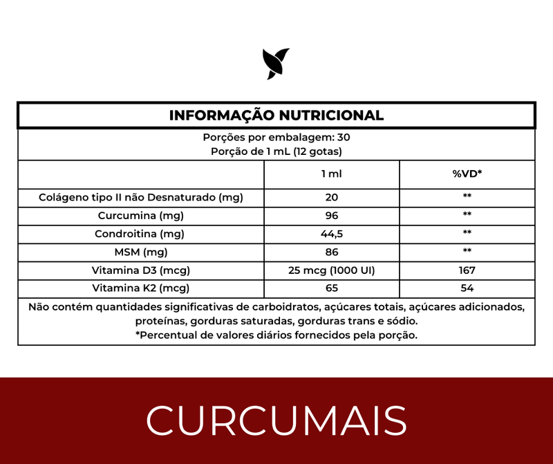 Curcumais - Dor muscular e articular (Cúrcuma, Vitamina D3, K2, MSM, Colágeno Tipo 2 e Condroitina)