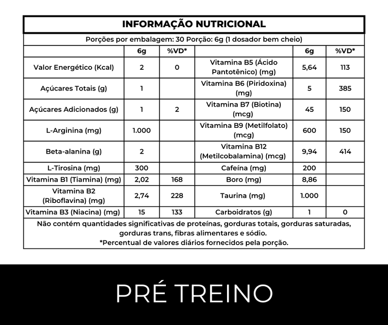 Pré-Treino Avançado - 200mg Cafeína, 1000mg Taurina, 2000mg Beta-alanina, 1000mg L-Arginina, Boro 8,86mg +