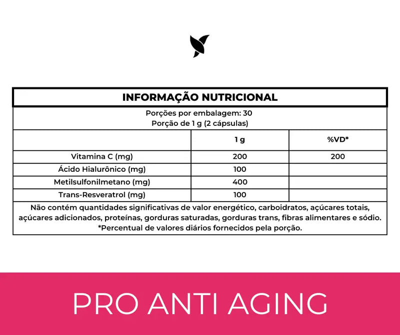 Pro Anti-Aging - Longevidade e Rejuvenescimento, Ácido Hialurônico, Trans-Resveratrol, Vitamina C e MSM