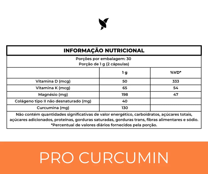 ProCurcumin - Dor Muscular e Articular Curcumina, Vitamina D3, K2, Magnésio, Colágeno Tipo 2 e TCM